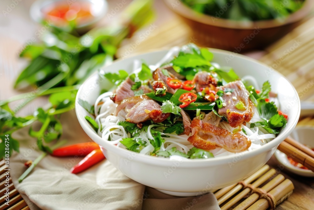 A delicious serving of hearty noodle dish, featuring tender strips of beef and vibrant vegetables A delicious serving of hearty noodle dish, featuring tender strips of beef and vibrant vegetables