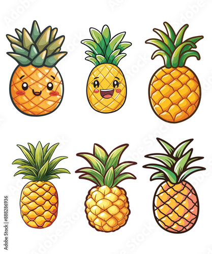 Floating pineapple cartoon vector icon Illustration Bundle, Food Nature Icon Concept Isolated Vector. Flat Cartoon Style