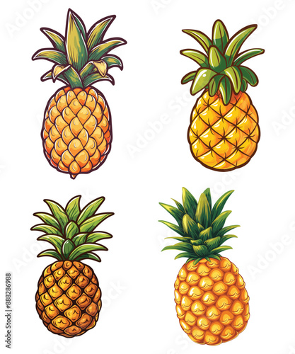 Floating pineapple cartoon vector icon Illustration Bundle, Food Nature Icon Concept Isolated Vector. Flat Cartoon Style