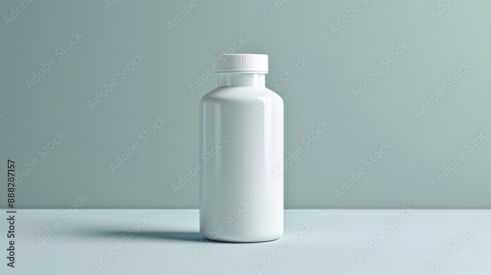 White pill bottle with a secure cap, displayed on a smooth surface White pill bottle with a secure cap, displayed on a smooth surface