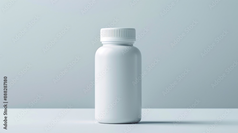 White pill bottle with a secure cap, displayed on a smooth surface White pill bottle with a secure cap, displayed on a smooth surface