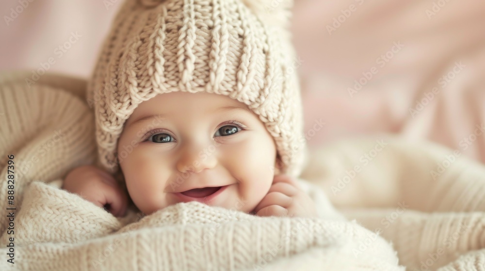 Smiling baby wearing a cozy knitted hat Smiling baby wearing a cozy knitted hat