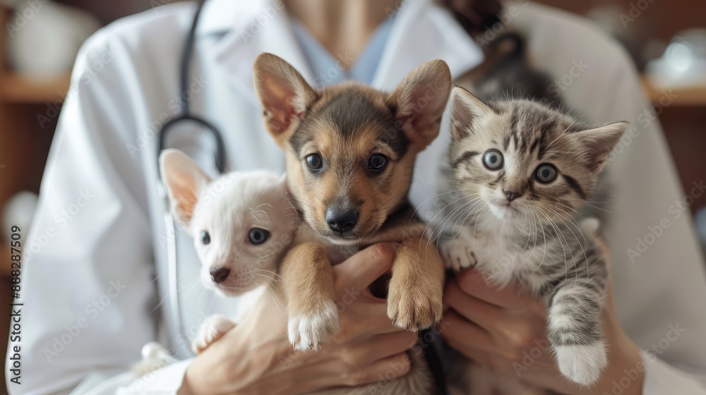 Veterinarian Holding Pets. A veterinarian in a white coat holds a puppy and two kittens, showcasing care and companionship in animal healthcare Veterinarian Holding Pets. A veterinarian in a white coat holds a puppy and two kittens, showcasing care and companionship in animal healthcare
