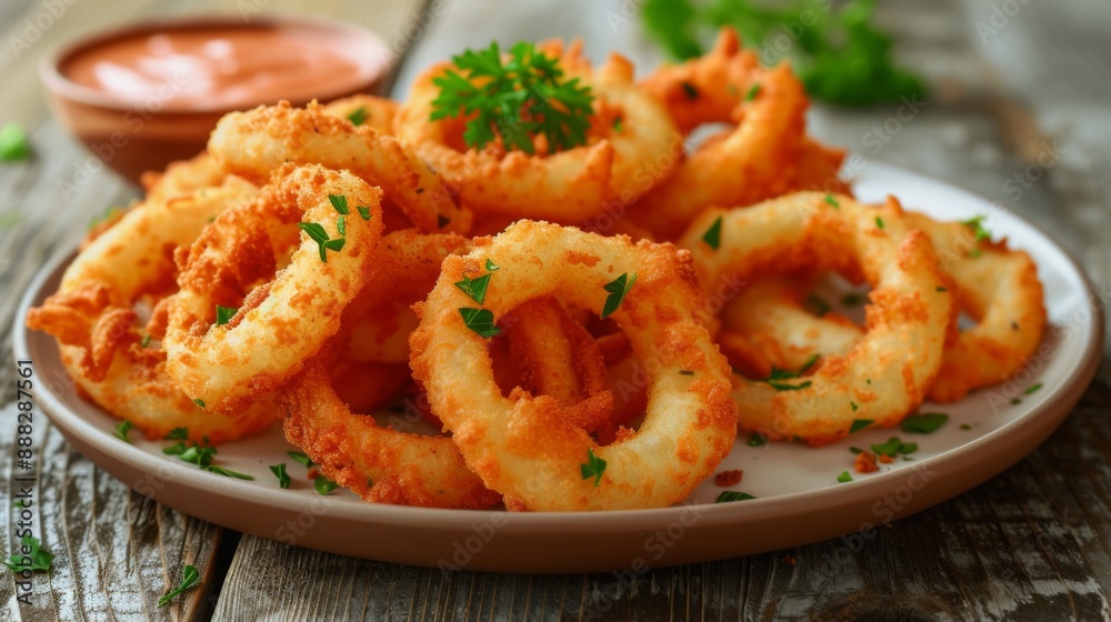 Plate of golden, crispy onion rings, garnished with fresh parsley and served with a side of dipping sauce Plate of golden, crispy onion rings, garnished with fresh parsley and served with a side of dipping sauce
