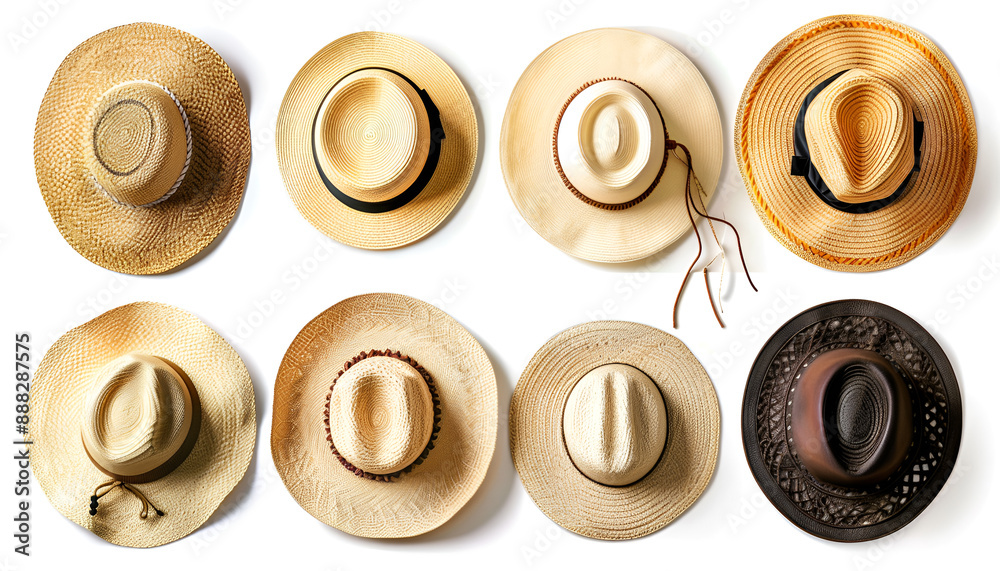 Set with different straw hats on white background. Stylish headdress Set with different straw hats on white background. Stylish headdress