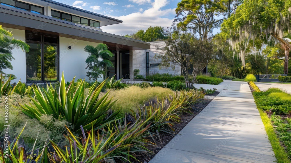 Obraz premium lush Suburban Modern front yard with native plants and a sleek, modern pathway leading to the main entrance