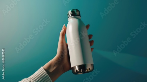 A person grasping a hydration container; suitable for health or outdoor scenes