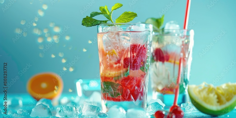 Two glasses brimming with colorful fruits atop ice cubes, ideal for refreshing summer drinks Two glasses brimming with colorful fruits atop ice cubes, ideal for refreshing summer drinks