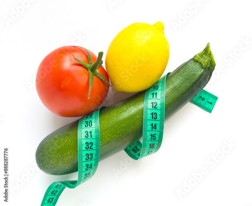 Zucchini, tomato and lemon, Centimeter, Losing weight, Concept, Isolated on white background 