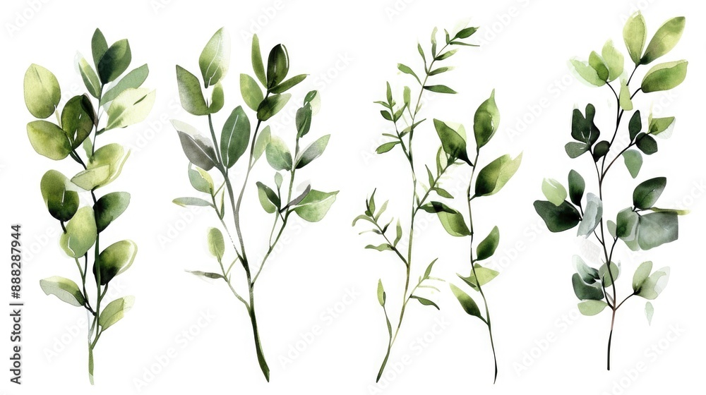 A collection of various green leaves set against a pure white background, ideal for graphic design or educational purposes A collection of various green leaves set against a pure white background, ideal for graphic design or educational purposes