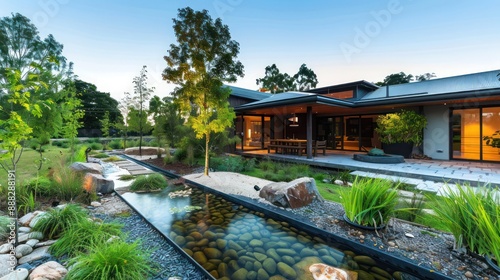 contemporary suburban home with innovative rainwater collection systems integrated into the landscape design, visible as elegant water channels