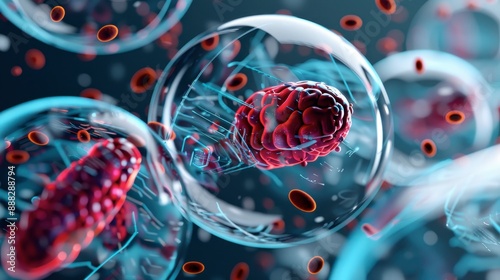 Human cell surrounded by futuristic technology, 3D model, vibrant colors, detailed illustration, high-tech