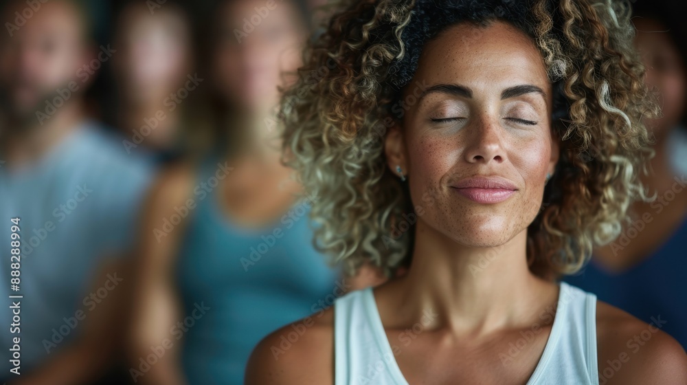 A woman with curly hair meditating with her eyes closed, conveying calmness and tranquility. The out-of-focus background shows a group, indicating a shared, peaceful environment. A woman with curly hair meditating with her eyes closed, conveying calmness and tranquility. The out-of-focus background shows a group, indicating a shared, peaceful environment.