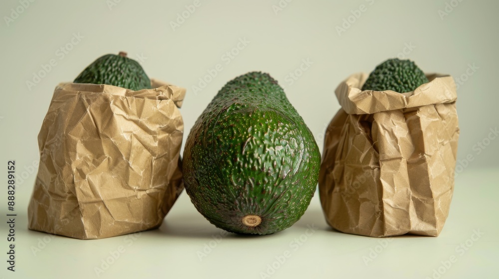 Naklejka premium Ripe green avocado in a paper bag