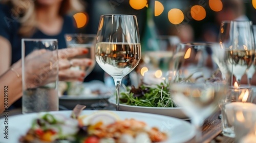 Close-up view of a table set at a social gathering, featuring glasses of wine, fresh salad, and other dishes with several people enjoying the meal in the background.