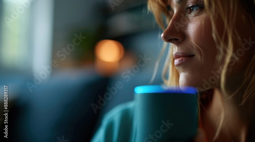 A person interacts with a smart speaker in a cozy room, highlighting the integration of technology into everyday life and creating a warm, modern atmosphere.