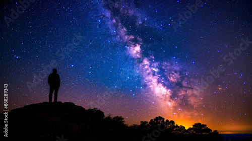 Silhouette of Person Admiring the Milky Way Galaxy in Starry Night Sky Background Wallpaper

