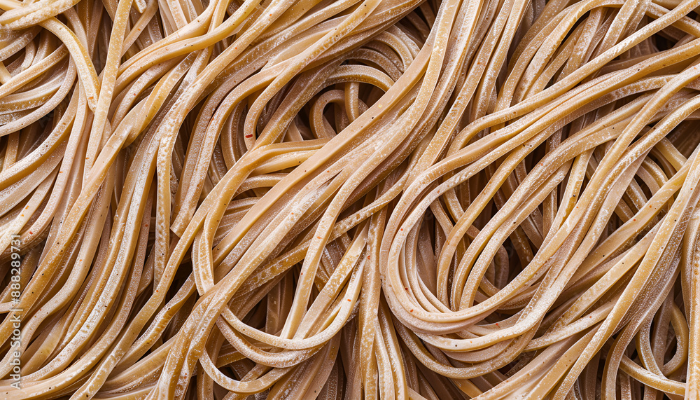Uncooked buckwheat noodles (soba) as background, top view Uncooked buckwheat noodles (soba) as background, top view