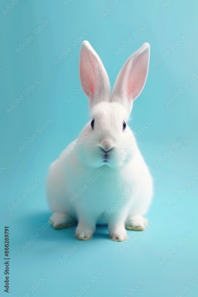 A white rabbit rests on a blue mat A white rabbit rests on a blue mat