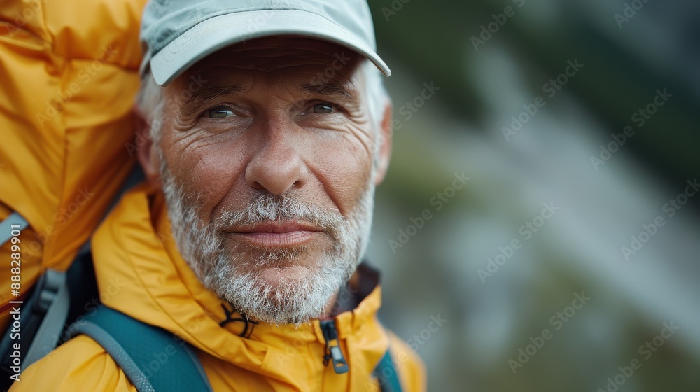 An elderly man wearing a yellow jacket and a hat, carrying an orange backpack, looks determined and content while on a hike in a scenic, mountainous area. An elderly man wearing a yellow jacket and a hat, carrying an orange backpack, looks determined and content while on a hike in a scenic, mountainous area.
