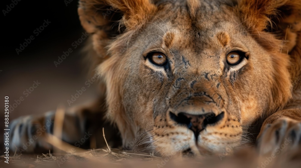 Fototapeta premium A lion lies down on the ground, its eyes piercing and focused ahead. The image captures the sense of calm yet powerful anticipation of the wild cat.