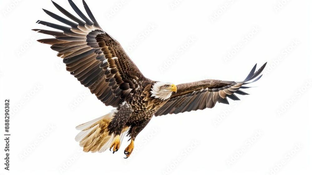 Fototapeta premium a high quality stock photograph of a single flying happy eagle isolated on a white background