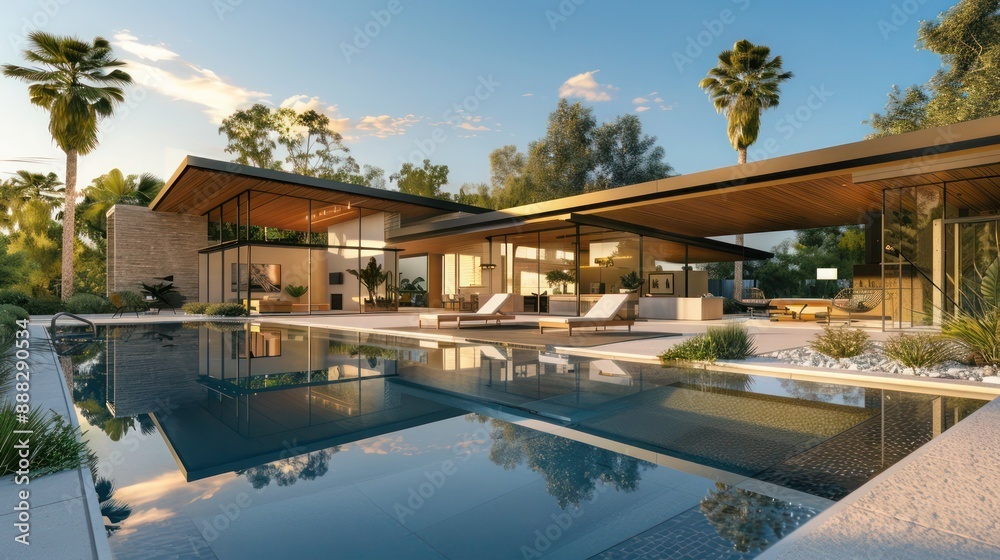 Obraz premium suburban mid-century modern home with a seamless transition to a stunning backyard oasis featuring a sleek infinity pool