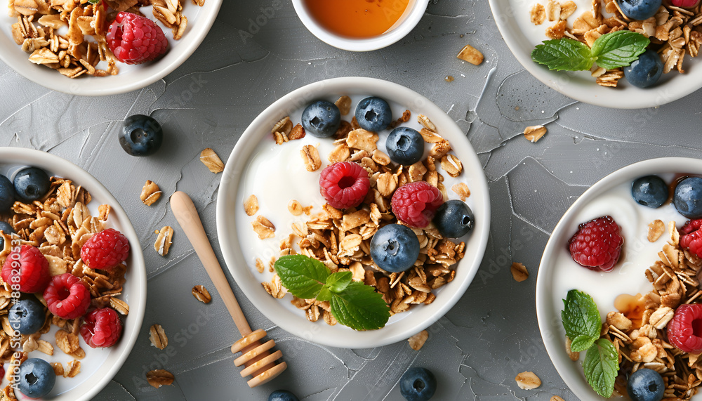 Tasty granola with berries, yogurt and honey on grey textured table, flat lay