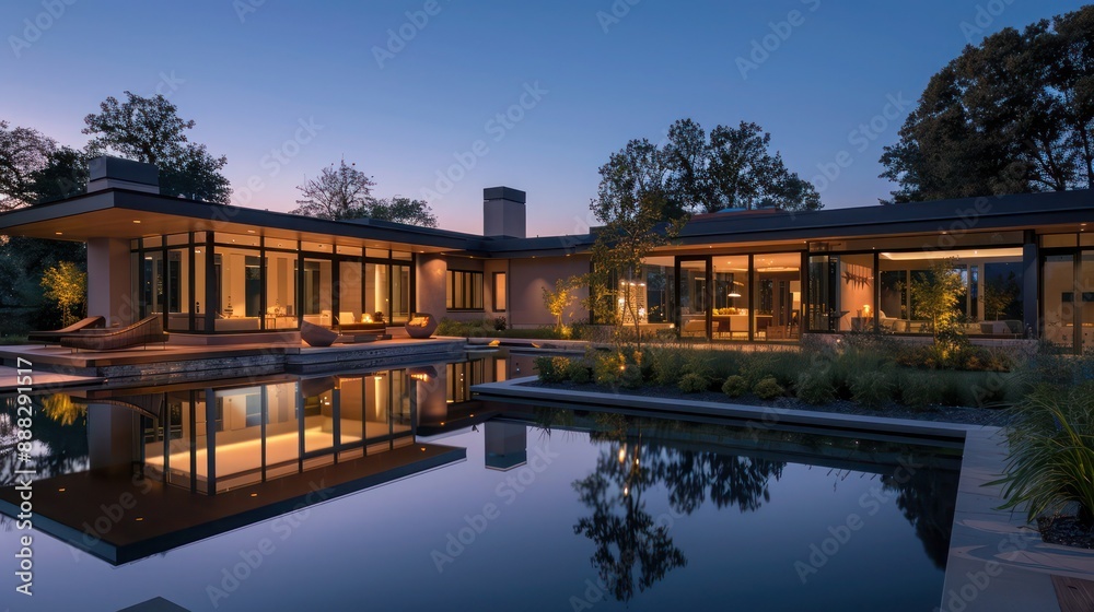 Fototapeta premium serene evening at a Suburban Contemporary home with a modern exterior lighting design and a reflection pool