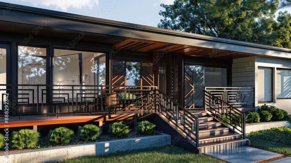 suburban house with mid-century modern influences, featuring a front porch with custom-designed, geometric railings suburban house with mid-century modern influences, featuring a front porch with custom-designed, geometric railings