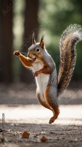 A funny squirrel dances in the forest. cute crazy squirrel funny jumping in dance.