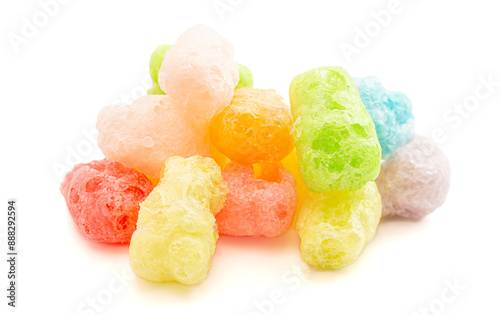 A Pile of Freeze Dried Gummy Bear Shaped Candies Isolated on a White Background