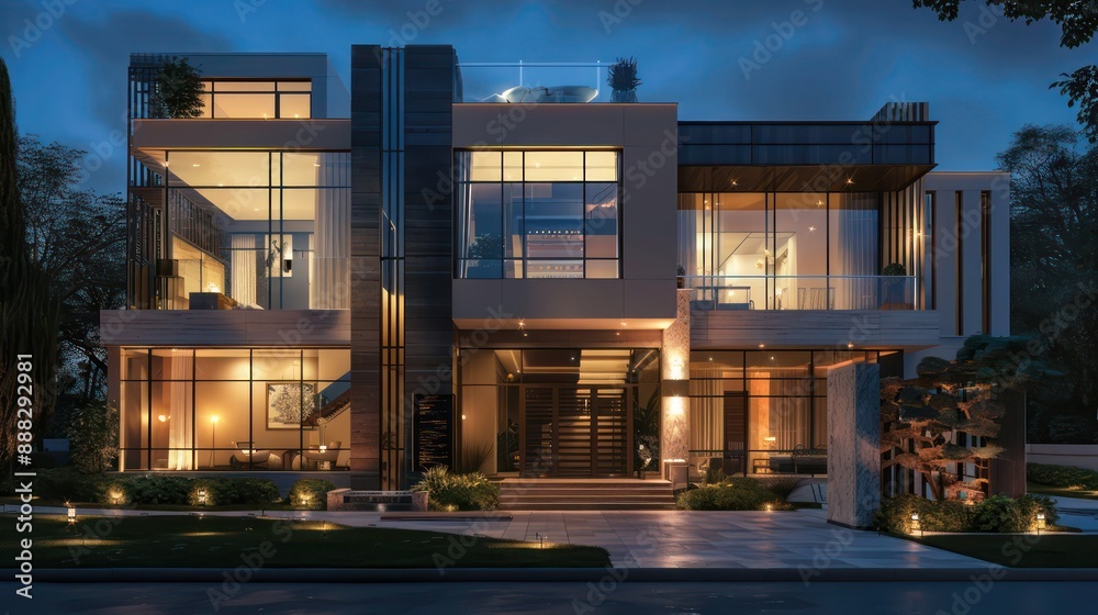 luxurious suburban house with a modern facade of glass and steel, illuminated by bespoke architectural lighting at night luxurious suburban house with a modern facade of glass and steel, illuminated by bespoke architectural lighting at night