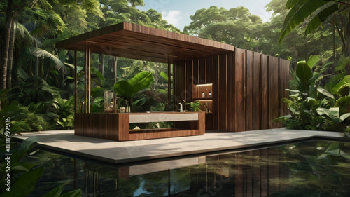 Elevating product displays: 3D green wood podiums and jungle platforms - Nature-inspired backgrounds with trees, leaves, and tropical elements for summer cosmetics, forest stages, and water presentati