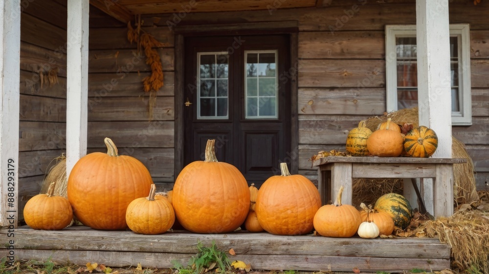 Autumn is depicted with pumpkins and autumn leaves on the porch of a wooden house.