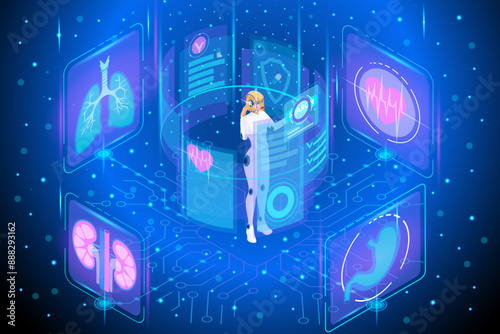 Isometric illustration of patient data management using artificial intelligence in the form of a beautiful girl