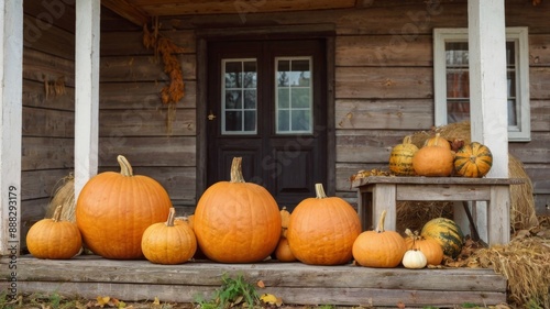 Obraz na płótnie Autumn is depicted with pumpkins and autumn leaves on the porch of a wooden house. w salonie