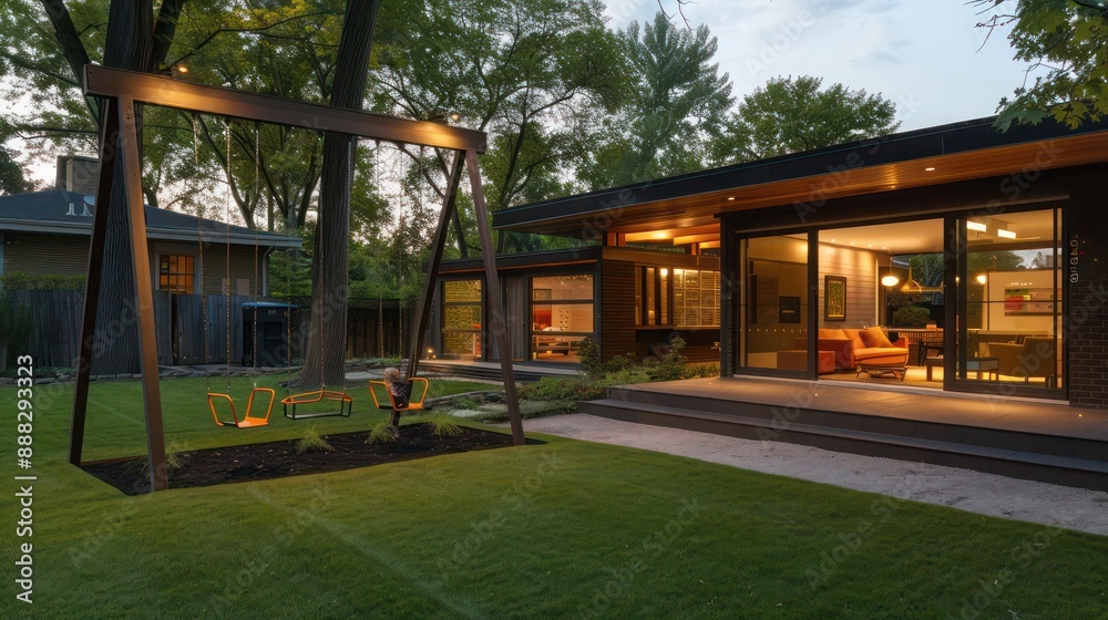 mid-century modern suburban house with a custom-built, retro-inspired swing set in the backyard, matching the homea??s aesthetics mid-century modern suburban house with a custom-built, retro-inspired swing set in the backyard, matching the homea??s aesthetics