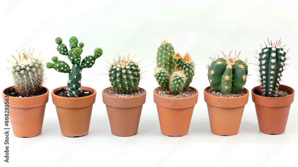 Collection of small cacti in simple clay pots on a white background. Collection of small cacti in simple clay pots on a white background.