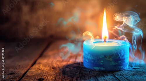 Candle with blue and white flame against wooden background photo