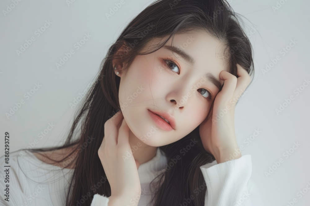 beautiful Korean womanwith long hair, wearing white and touching the skin while looking at the camera with a clean background beautiful Korean womanwith long hair, wearing white and touching the skin while looking at the camera with a clean background
