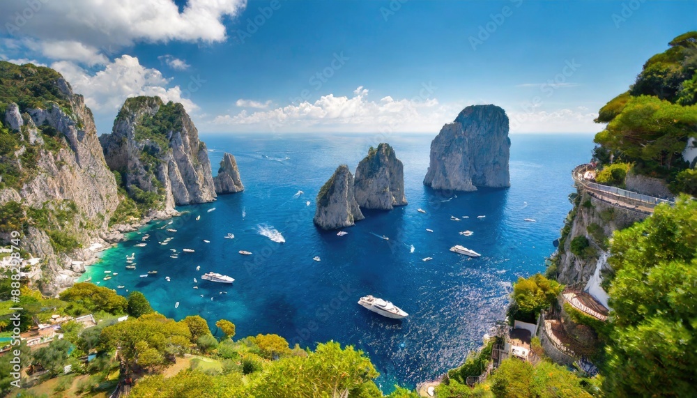 A stunning coastal view of Capri, Italy, with clear blue waters, rocky cliffs, and boats scattered in the sea under a bright sky. A stunning coastal view of Capri, Italy, with clear blue waters, rocky cliffs, and boats scattered in the sea under a bright sky.
