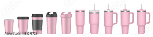 Thermo cup with handle and straw. 20, 30, 40 oz. Travel thermos. Set of light pink mugs. Tumbler. Sport shaker,. Paper cup with plastic lid and cupholder	
