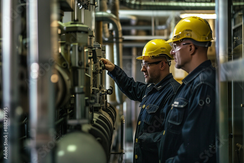 Two engineers wearing safety helmets work on high-tech machinery in a nuclear plant. Industrial environment with advanced technology.