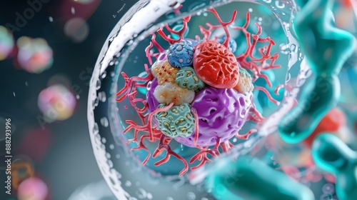 Human cell in a digital holographic projection, 3D model, vibrant colors, detailed organelles, futuristic