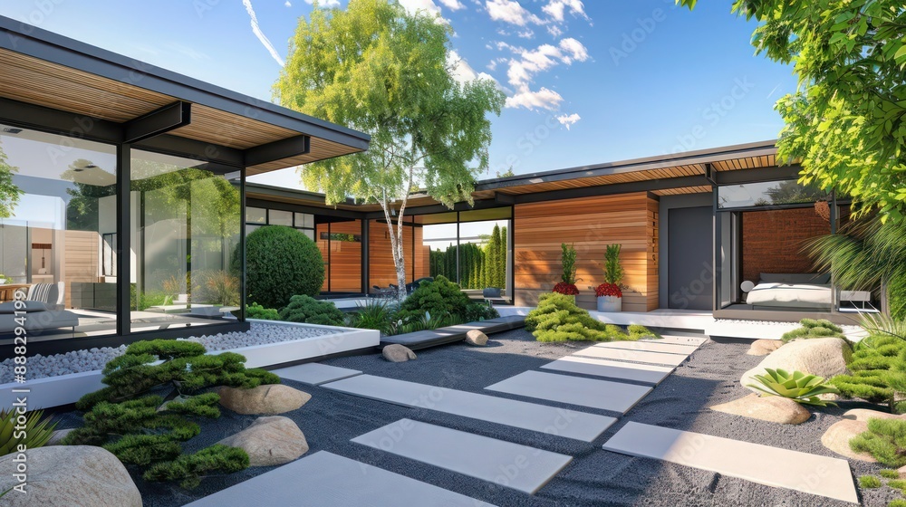 mid-century modern suburban home with custom landscaping that includes a Zen garden and minimalist pathways mid-century modern suburban home with custom landscaping that includes a Zen garden and minimalist pathways