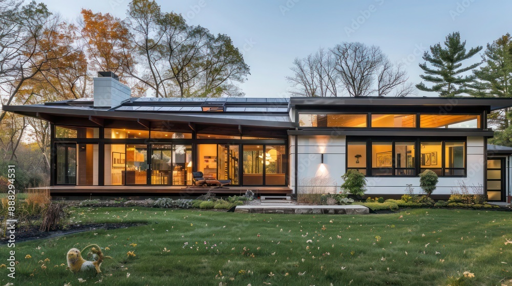 mid-century modern suburban house with an integrated passive solar design, utilizing large south-facing windows for natural heating mid-century modern suburban house with an integrated passive solar design, utilizing large south-facing windows for natural heating