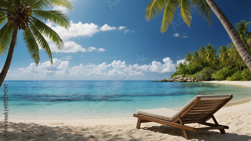 Tropical Beach with Lounger: Serene Paradise Retreat for Ultimate Relaxation Perfect Greeting Cards, Poster, Flyer, Banner, Background, Wallpaper, Travel Advertising © Adrenaloby