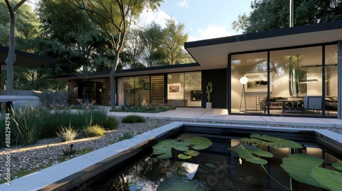 mid-century modern suburban house with a minimalist pond that reflects the homea??s clean lines and tranquil setting photo