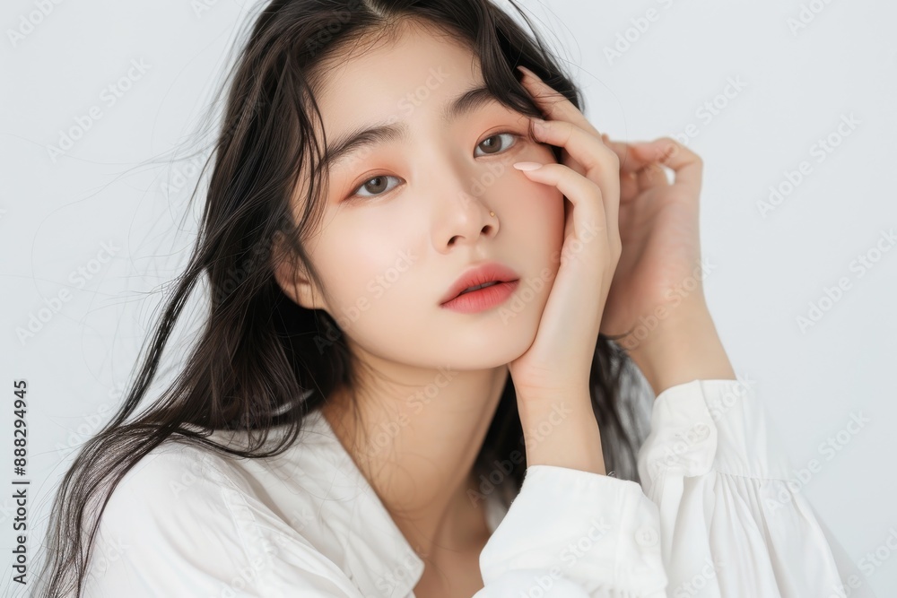beautiful Korean womanwith long hair, wearing white and touching the skin while looking at the camera with a clean background beautiful Korean womanwith long hair, wearing white and touching the skin while looking at the camera with a clean background